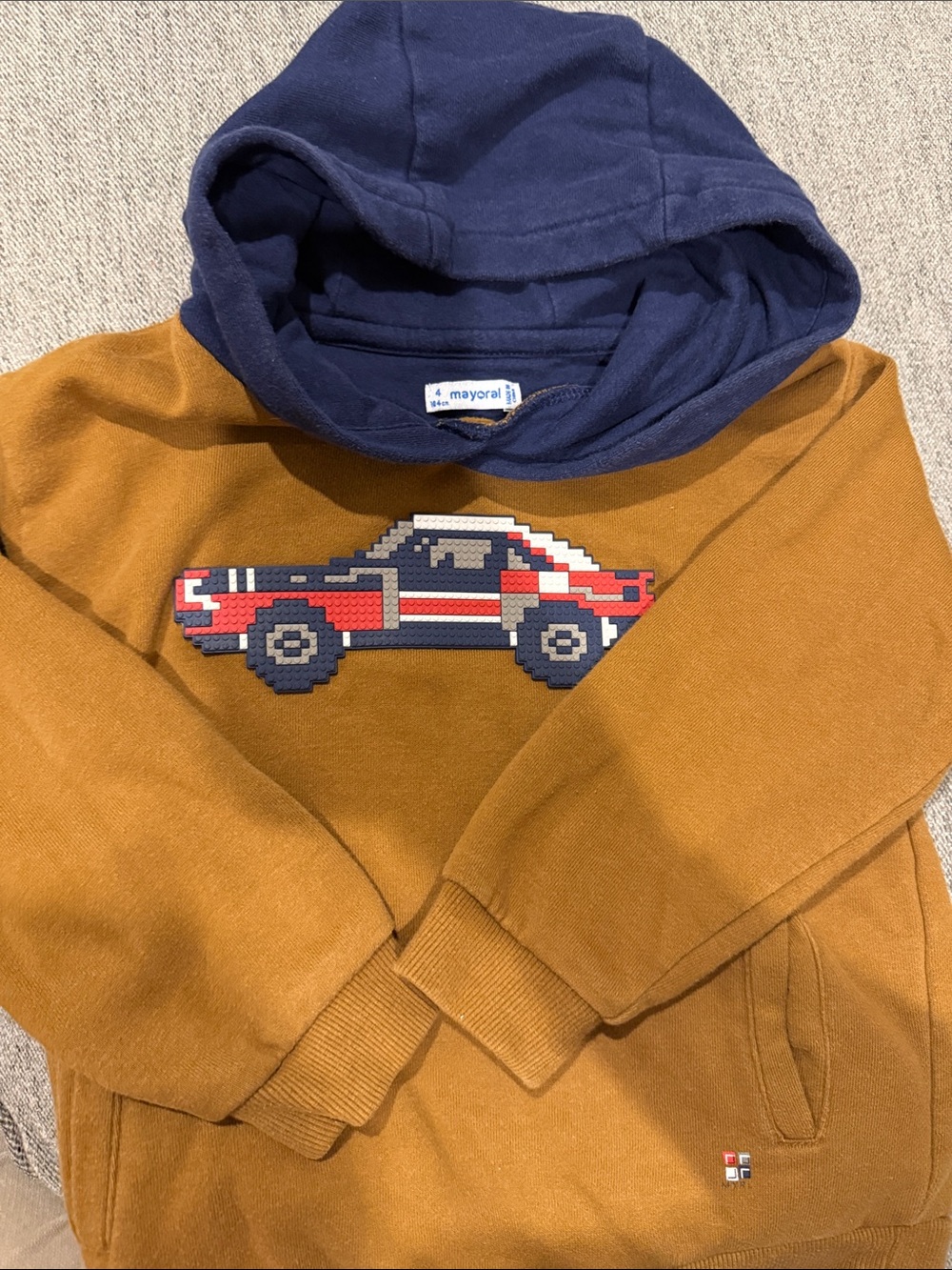 Mayoral Boys Brown Pullover Hoodie with Navy Hood and Pixel Car